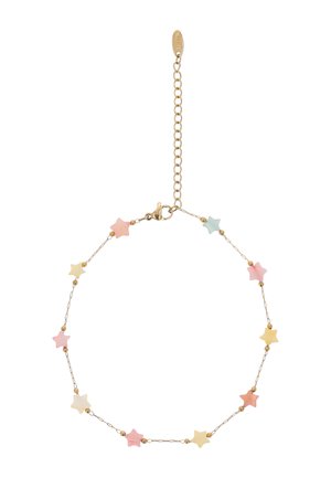 Zarter Goldkettenarmband mit pastellfarbenen, sternförmigen Perlen in Rosa, Gelb, Creme, Blau und Orange, mit einem verstellbaren Verschluss.