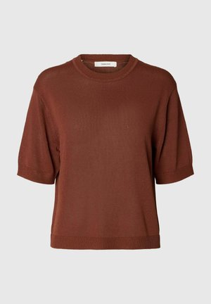 Ruskea lyhythihainen neulepusero pyöreällä pääntiellä ja ribbineuloksella olevilla kalvosimilla ja helmalla, merkki "Selected", yksivärisen harmaan taustan päällä.