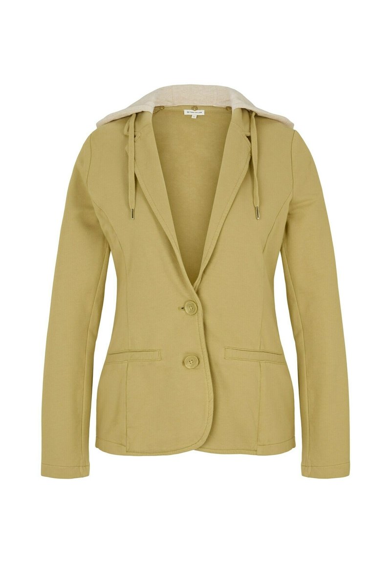 Blazer giallo con cappuccio, due bottoni e tasche frontali. Realizzato in tessuto testurizzato con fodera del cappuccio a contrasto beige.