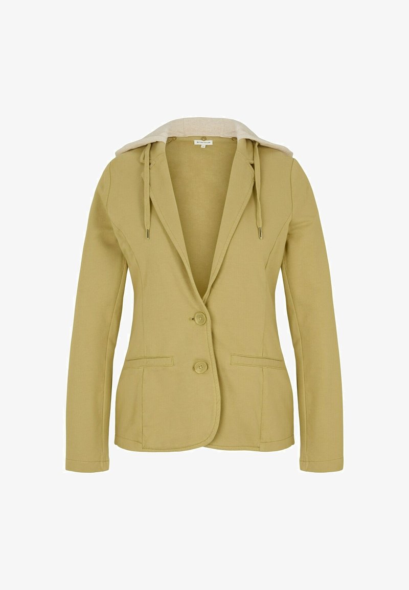 Żółta marynarka z kapturem, dwoma guzikami i kieszeniami z przodu. Wykonana z teksturowanej tkaniny z kontrastującym beżowym wykończeniem kaptura.