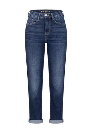 Dunkelblaue, taillenhohe Slim-Jeans mit umgekrempelten Säumen, vorderem Knopf und Reißverschluss sowie fünf Taschen.