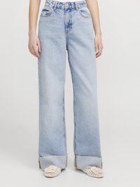 Light blue wide-leg jeans made of denim, featuring a high waist, distressed accents, and folded hems. Designed with a classic five-pocket style.