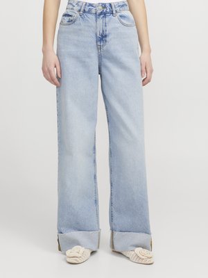 Light blue wide-leg jeans made of denim, featuring a high waist, distressed accents, and folded hems. Designed with a classic five-pocket style.