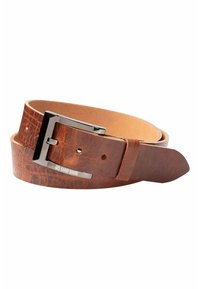 Brown leather belt featuring a crocodile texture, a silver metal buckle, and a branded accent, with a tapered end and several holes for adjustment.