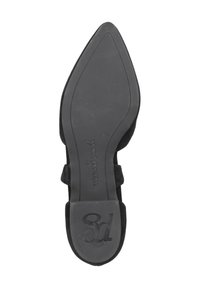 Décolleté in suede nero con design a punta e suola in gomma. Presenta un tacco piatto e logo impresso sulla suola, taglia 4½.