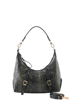 Schwarze und graue Schultertasche mit Schlangenledermuster, goldenen Schnallen, abnehmbarem langen Riemen und kurzem Griff.