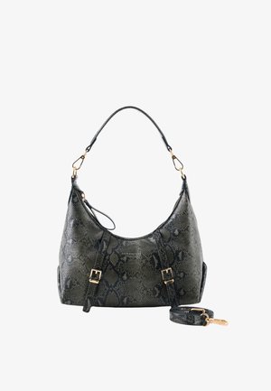 Schwarze und graue Schultertasche mit Schlangenledermuster, goldenen Schnallen, abnehmbarem langen Riemen und kurzem Griff.