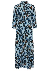 Abito a stampa leopardata blu con maniche lunghe, chiusura a bottoni, colletto e gonna a campana. Presenta macchie nere e marroni su uno sfondo azzurro chiaro.