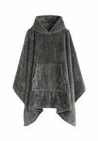 Grau gefütterter Poncho aus strukturiertem Stoff, mit einer Fronttasche und einem lockeren, drapierten Design. Die Kanten sind zur Langlebigkeit gesäumt.