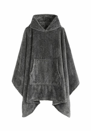 Grau gefütterter Poncho aus strukturiertem Stoff, mit einer Fronttasche und einem lockeren, drapierten Design. Die Kanten sind zur Langlebigkeit gesäumt.