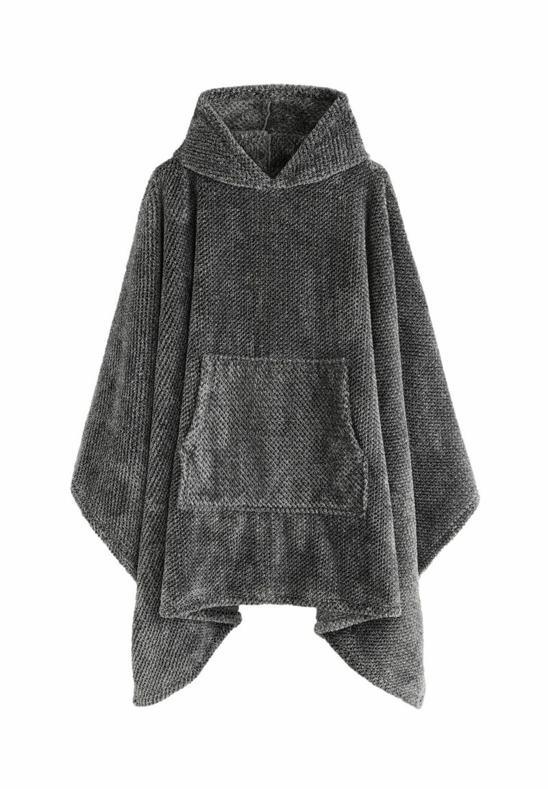 Grau gefütterter Poncho aus strukturiertem Stoff, mit einer Fronttasche und einem lockeren, drapierten Design. Die Kanten sind zur Langlebigkeit gesäumt.
