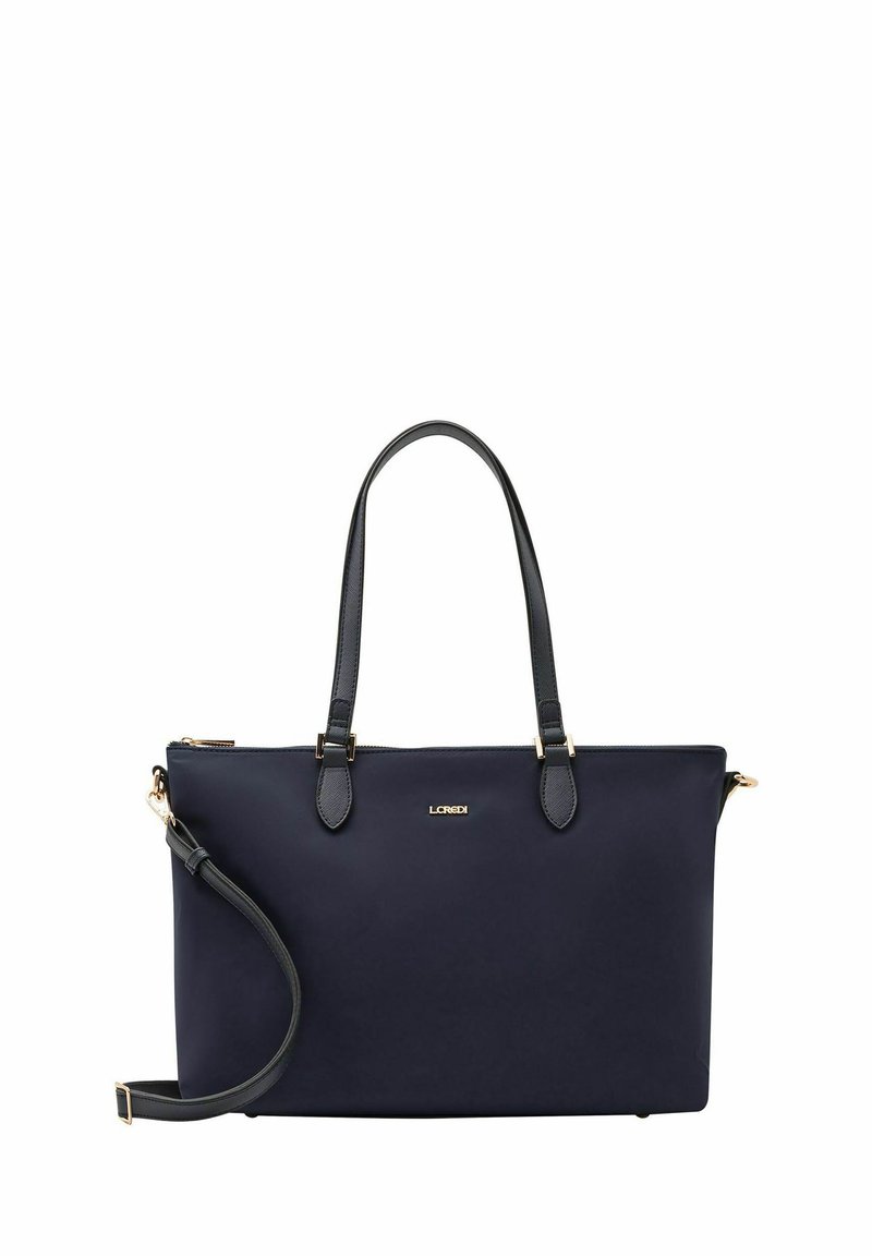 Borsa tote blu navy realizzata in materiale liscio, con doppi manici, una tracolla rimovibile, dettagli in metallo dorato e chiusura a zip.