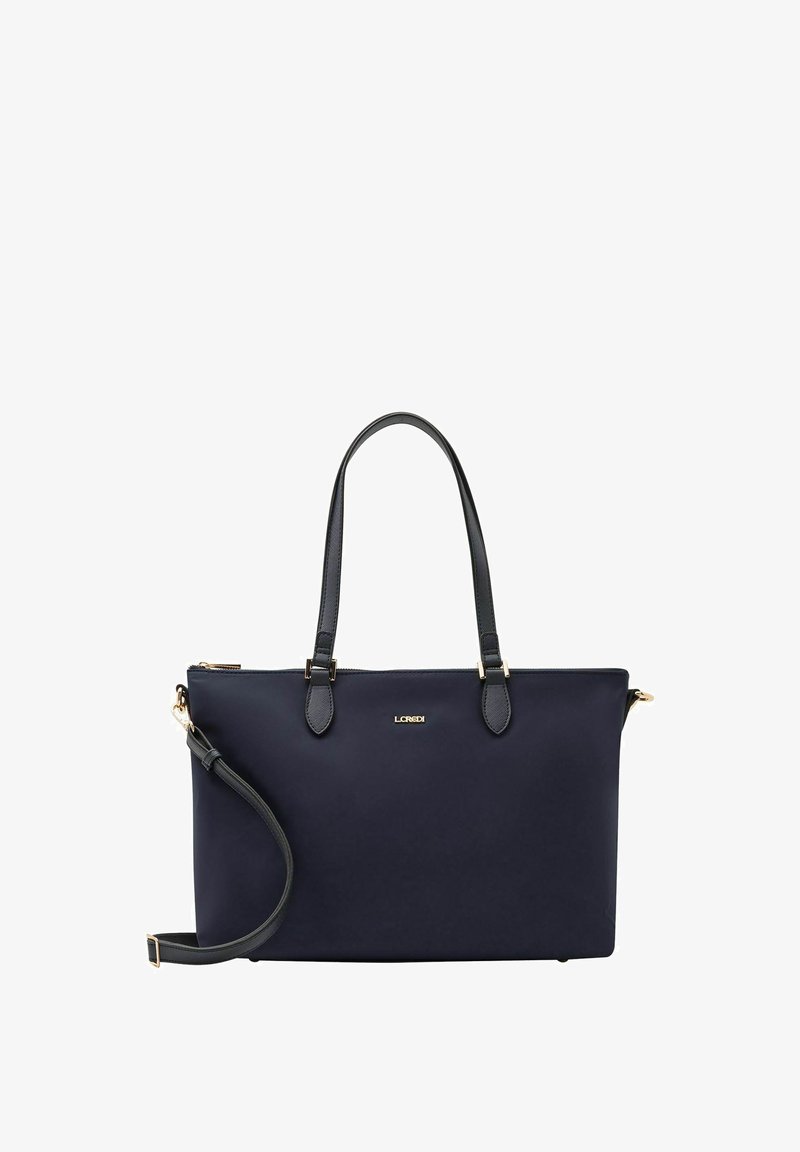 Borsa tote blu navy realizzata in materiale liscio, con doppi manici, una tracolla rimovibile, dettagli in metallo dorato e chiusura a zip.