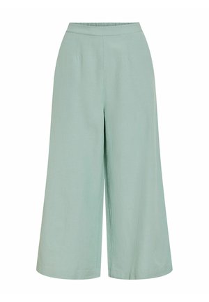 Pantalon court à jambes larges, taille haute, couleur vert sauge clair, avec une ceinture élastique et un détail avant lisse.
