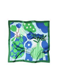 Eșarfă din mătase cu un design vibrant, prezentând modele florale și geometrice în nuanțe de verde, albastru și alb, cu margine verde.