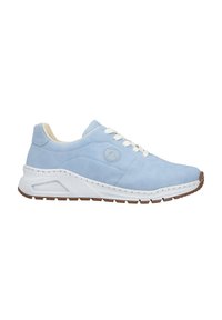 Light blue leather sneaker with white laces, rounded toe, textured tongue, and a white rubber sole with brown accents and grooves.