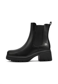 Botas Chelsea negras de cuero liso con paneles laterales elásticos, una aspera de tirón y un tacón cuadrado texturizado para mayor altura.
