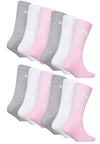Set mit sechs Socken in drei Farben: hellrosa, weiß und grau. Das Material ist gerippt und jede Socke hat ein Logo im oberen Bereich.