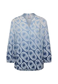 Blaue Bluse mit V-Ausschnitt und drei Viertelärmeln, die überlappende weiße und hellblaue kreisförmige Muster aufweist und elastische Bündchen hat.