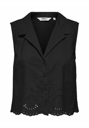 Blusa negra sin mangas con botón en el frente, que presenta un diseño de flores recortadas a lo largo del dobladillo y un cuello puntiagudo. Textura suave.