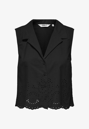 Blusa negra sin mangas con botón en el frente, que presenta un diseño de flores recortadas a lo largo del dobladillo y un cuello puntiagudo. Textura suave.