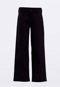 Svarte bukser med vide ben, frontlommer, beltehemper, knappelukking og glidelås, vist mot en enkel lys bakgrunn.