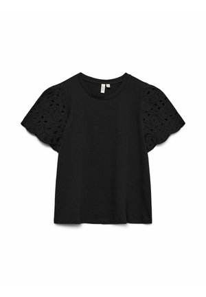 Haut noir à manches courtes avec encolure ronde et détails en dentelle festonnée ajourée sur les manches.