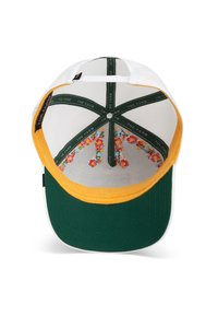 Gorra verde con visera amarilla y parte trasera de malla blanca. En el interior presenta un estampado floral y correas etiquetadas como "LA GRANJA". Diseño estructurado de seis paneles.