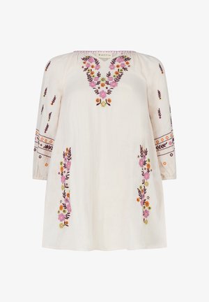 Cremefarbenes Langarmkleid mit pinker, oranger und grüner Blumstickerei am Ausschnitt, an den Ärmeln und an den vorderen Seiten, lockere Passform von der Marke Raffya.