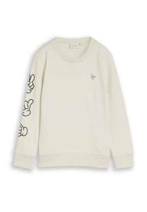 Cremefarbener Langarm-Sweatshirt mit rundem Halsausschnitt, kleinem Handgrafik auf der Brust und drei größeren schwarzen Handgrafiken am linken Ärmel.