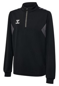 Czarny longsleeve z pulowerem i ćwierć zamkiem, z szarymi akcentami na ramionach, teksturowanym materiałem i małym logo na piersi.