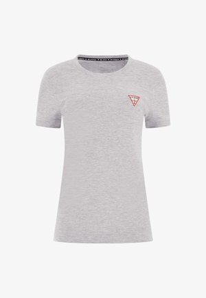 Grå T-skjorte med kort erme laget av bomullsblanding. Har en rød trekantet logo på venstre bryst og en svart tekstdetalj på halslinningen.