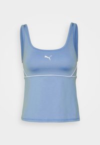 Débardeur de sport bleu avec une coupe ajustée, confectionné en tissu lisse. Caractéristiques : bretelles larges et logo Puma blanc sur le devant.