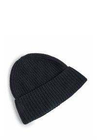 Czarna dzianinowa czapka z prążkowaną fakturą i szerokim, podwiniętym mankietem. Wykonana z miękkiej wełny, zaprojektowana dla zapewnienia ciepła i komfortu.