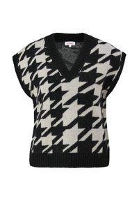 Gilet en tricot noir et blanc avec un col en V, présentant un motif pied-de-poule et des bords côtelés. Manches courtes avec une coupe ample et décontractée.