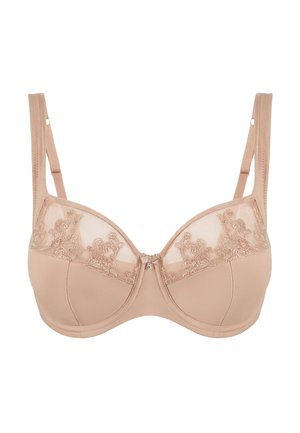 Nude-colored underwire bra with adjustable straps and floral lace detailing on upper cups, featuring a small central decorative charm.