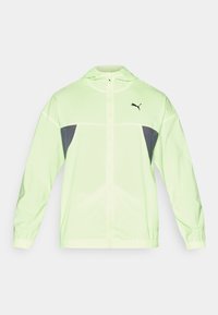 Veste vert clair en tissu lisse, dotée d'une capuche, d'une fermeture éclair à l'avant et d'accents en mesh gris foncé sur les côtés. Logo sur la poitrine.