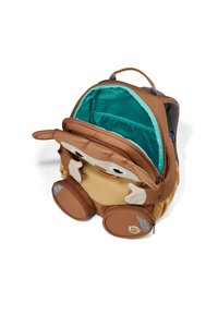 Brauner Rucksack mit Cartoon-Gesicht, samtiger Textur und Plüschohren. Innenfutter ist türkis mit einer Netztasche. Verfügt über Reißverschlussfächer.