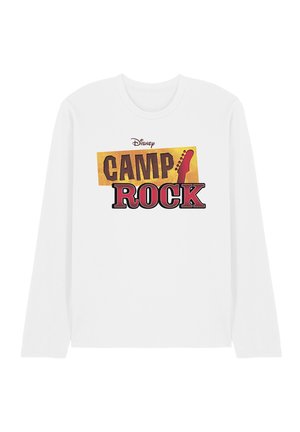 Weißes Langarmshirt mit gelb-rotem "Camp Rock"-Logo und Gitarrenhals-Grafik in der Mitte sowie kleinem Disney-Schriftzug darüber.