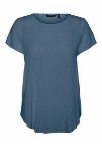Blouse à manches courtes, à coupe ample, en bleu ardoise avec un encolure ronde et un ourlet légèrement arrondi, présentée sur fond blanc.