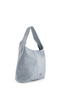 Weiche blaue Wildlederhandtasche mit einem einzigen Schultergurt, lässigem Design und einem dezenten Patch-Detail mit Markenlabel.