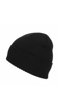 Berretto a cuffia nero lavorato a maglia con risvolto a coste, caratterizzato da una parte superiore liscia e una forma strutturata, realizzato in tessuto morbido per calore e comfort.