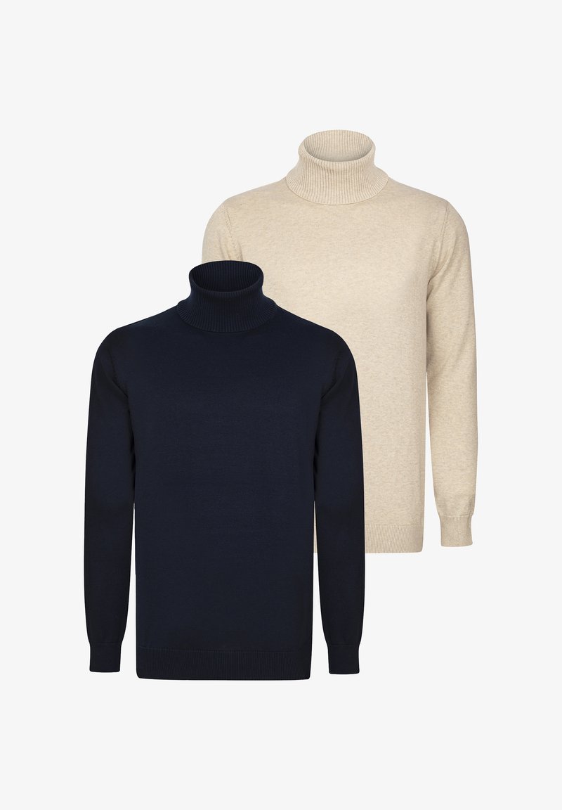 Dwa golfy: jeden w granatowym, a drugi w kremowym kolorze. Oba są dziane, z prążkowanymi kołnierzami i mankietami oraz gładką teksturą.