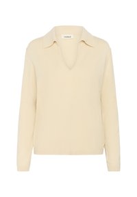Langærmet beige sweater med V-hals og krave, ribstrikkede manchetter og kant, lavet af blødt strikket materiale.