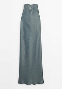 Robe maxi sans manches en bleu canard avec une texture subtile, dotée d'un dos en forme de clé et d'une silhouette fluide. Design simple et élégant.