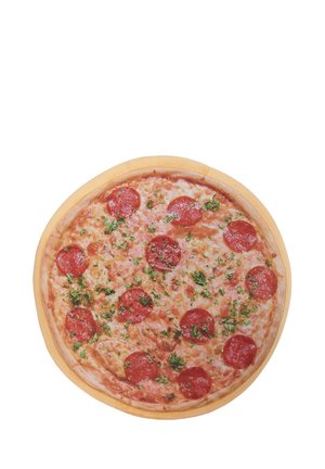 Round pepperoni pizza with melted cheese and green herb garnish on a wooden serving board against a white background.