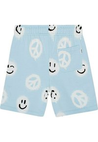 Ljusblå bomullsshorts med svarta mönster av smiley och fredstecken. Elastisk midja, en bakficka, mjuk textur.
