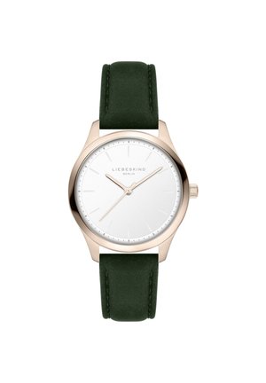 Round watch with a white dial, rose gold case, and green suede strap. Features simple hour markers and delicate hands.