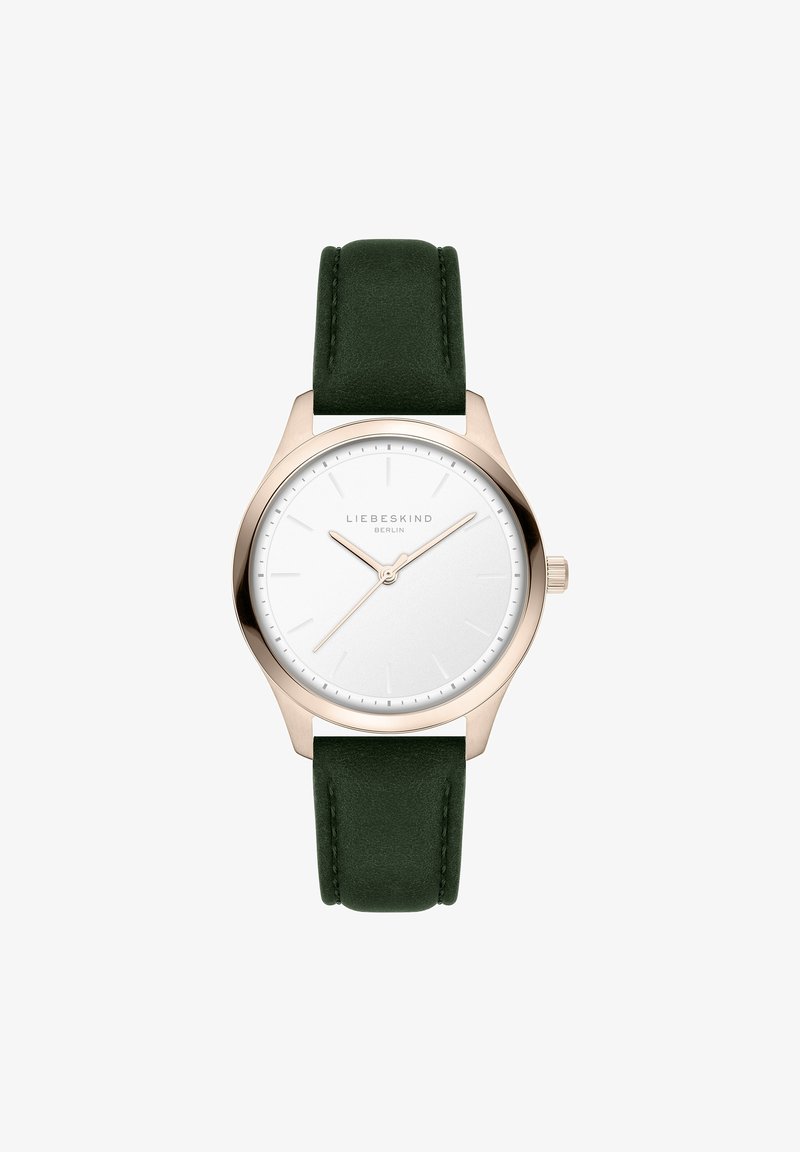 Runde Uhr mit weißem Ziffernblatt, Gehäuse aus Roségold und grünem Wildlederarmband. Verfügt über schlichte Stundenmarkierungen und zarte Zeiger.