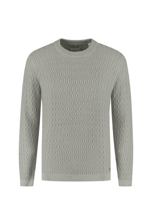 Suéter de punto gris claro con un patrón texturizado, cuello redondo y mangas largas. Fabricado con un material suave y transpirable.